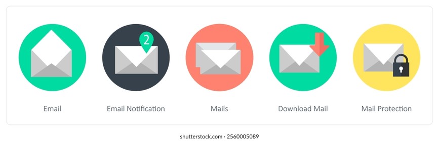 A set of 5 mix icons as email, email notification, mails