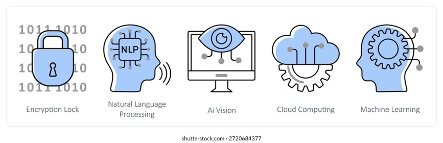 Un conjunto de 5 iconos de mezcla como bloqueo de cifrado, procesamiento de lenguaje natural, visión ai en color gris