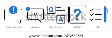 A set of 5 mix icons as error in comment, notification, questionnaire