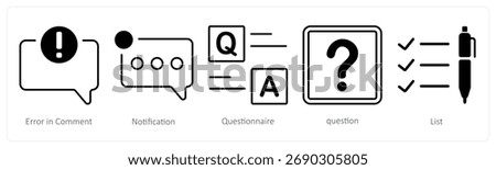 A set of 5 mix icons as error in comment, notification, questionnaire