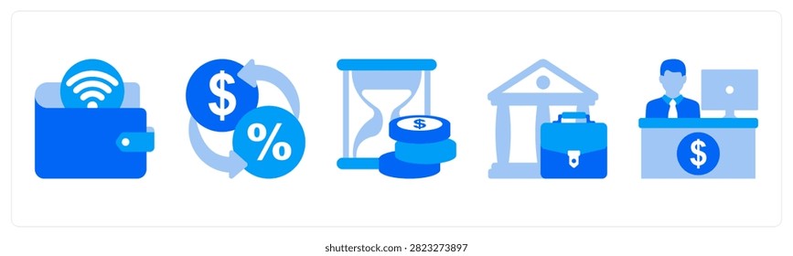 A set of 5 mix icons as E-Wallet, Currency Rate, Time Is Money