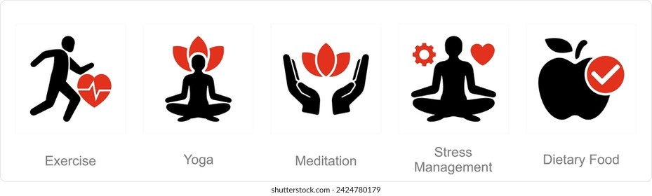 A set of 5 Mix icons as exercise, yoga, medidation