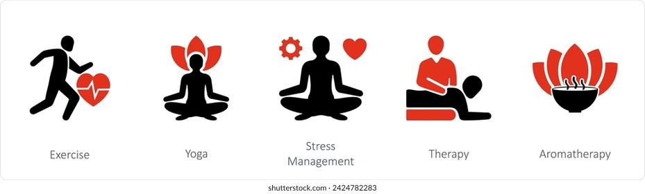 Un conjunto de 5 iconos de mezcla como ejercicio, yoga, gestión del estrés