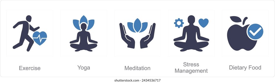 A set of 5 Mix icons as exercise, yoga, medidation