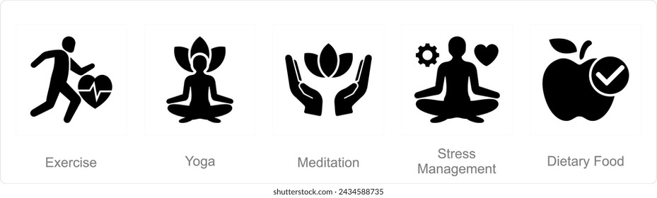 A set of 5 Mix icons as exercise, yoga, medidation