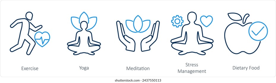 A set of 5 Mix icons as exercise, yoga, medidation