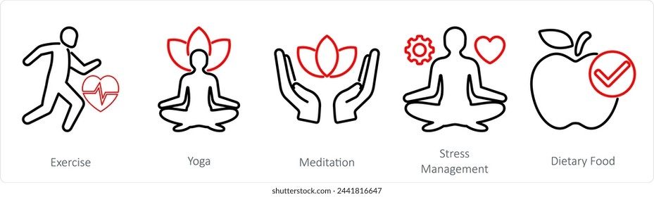 A set of 5 Mix icons as exercise, yoga, medidation