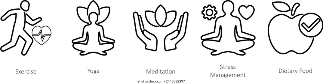 A set of 5 Mix icons as exercise, yoga, medidation