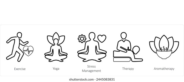 Un conjunto de 5 iconos de mezcla como ejercicio, yoga, gestión del estrés