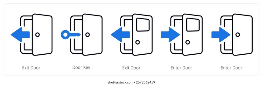 Um conjunto de 5 ícones misturados como porta de saída, chave de porta, entrar porta