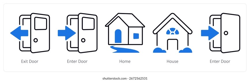 A set of 5 mix icons as exit door, enter door, home