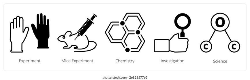 Un conjunto de 5 iconos de mezcla como experimento, experimento de ratones, química
