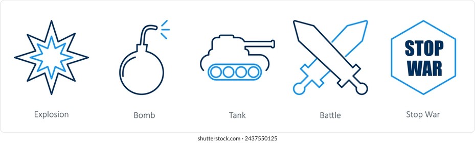 A set of 5 Mix icons as explosion, bomb, tank