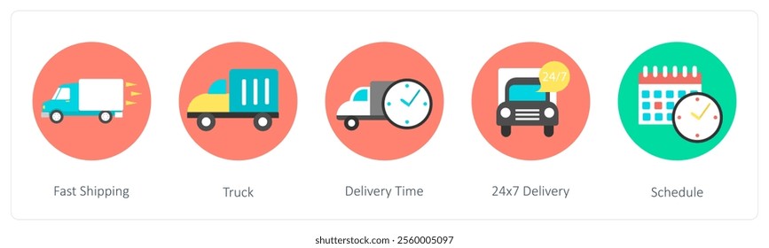 A set of 5 mix icons as fast shipping, truck, delivery time