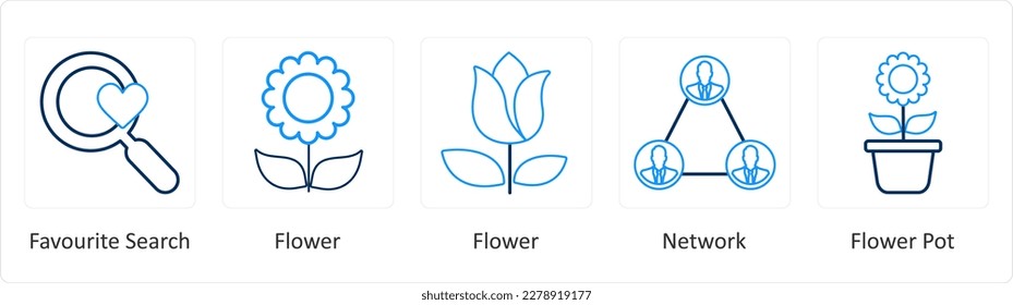 A set of 5 mix icons as favorite search, flower, network