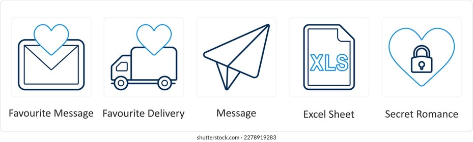 A set of 5 mix icons as favorite message, favorite delivery, message