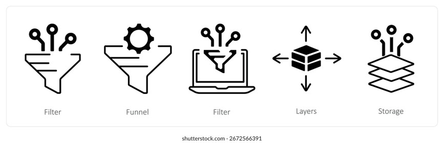 A set of 5 mix icons as filter, funnel, layers