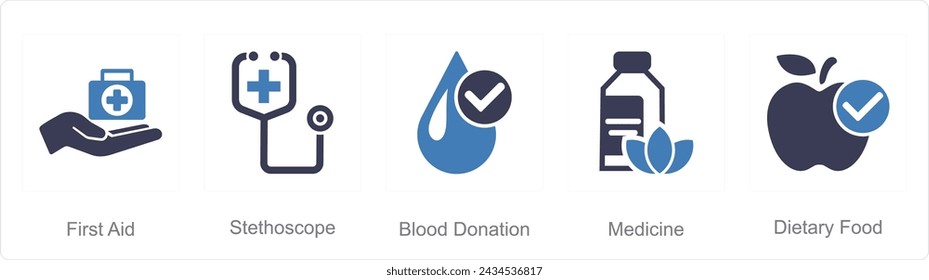 A set of 5 Mix icons as first aid, stethoscope, blood donation