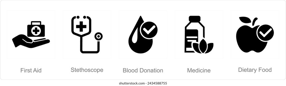 A set of 5 Mix icons as first aid, stethoscope, blood donation