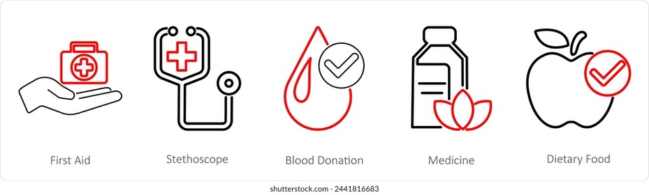 Un conjunto de 5 iconos de mezcla como primeros auxilios, estetoscopio, donación de sangre