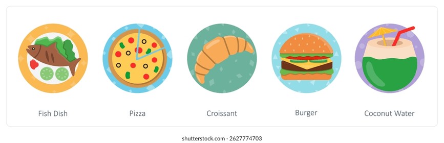 Um conjunto de 5 ícones de mistura como prato de peixe, pizza, croissant