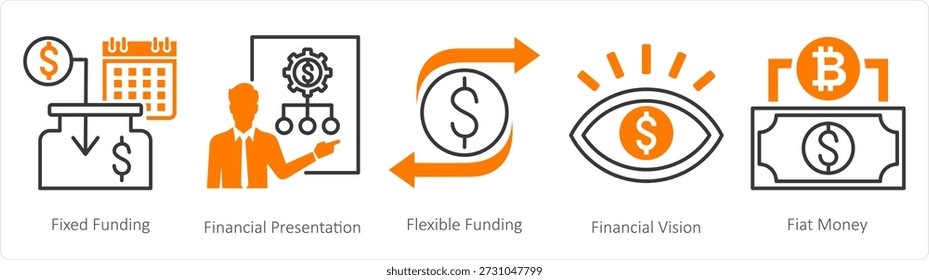 A set of 5 mix icons as fixed funding, financial presentation