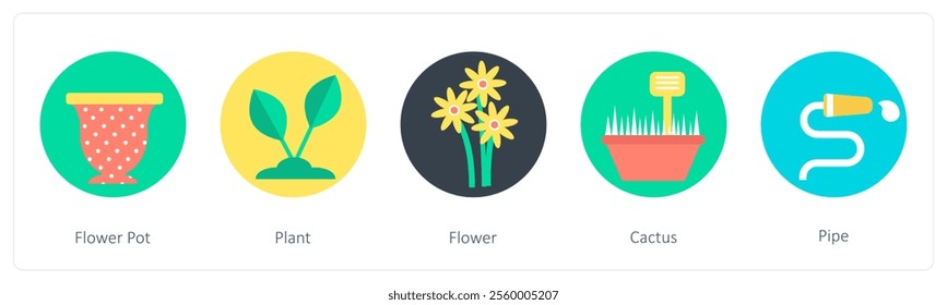 A set of 5 mix icons as flower pot, plant, flower