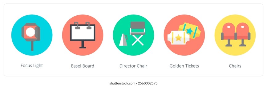 A set of 5 mix icons as focus light, easel board, director chair