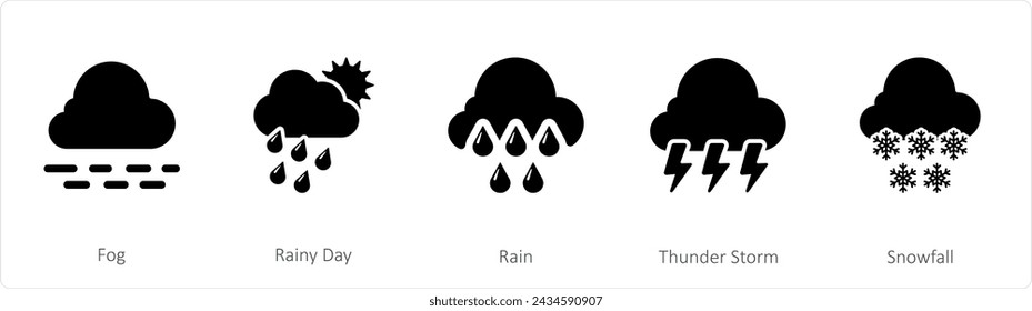 A set of 5 mix icons as fog, rainy day, rain