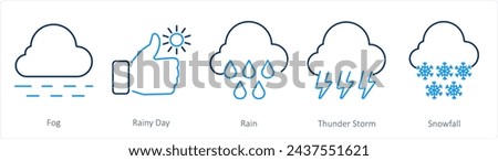 A set of 5 mix icons as fog, rainy day, rain