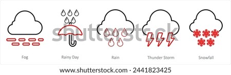 A set of 5 mix icons as fog, rainy day, rain