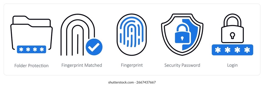 Un conjunto de 5 iconos de mezcla como protección de carpeta huella digital emparejado, huella digital
