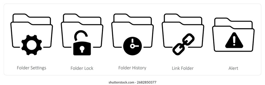 A set of 5 mix icons as folder settings, folder lock, folder history