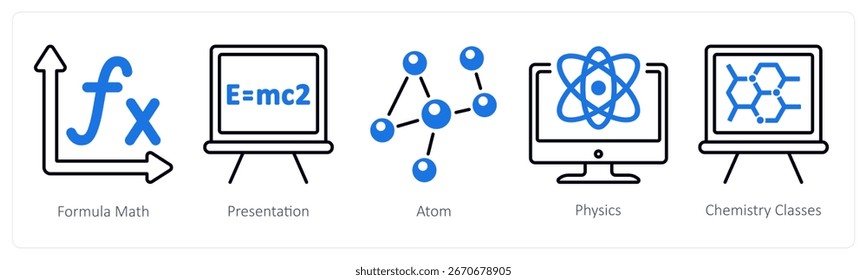 A set of 5 mix icons as formula math, presentation, atom