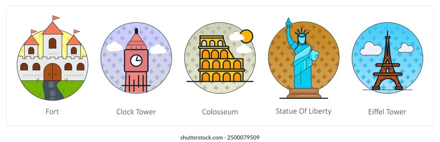 A set of 5 Mix icons as fort, clock tower, colosseum