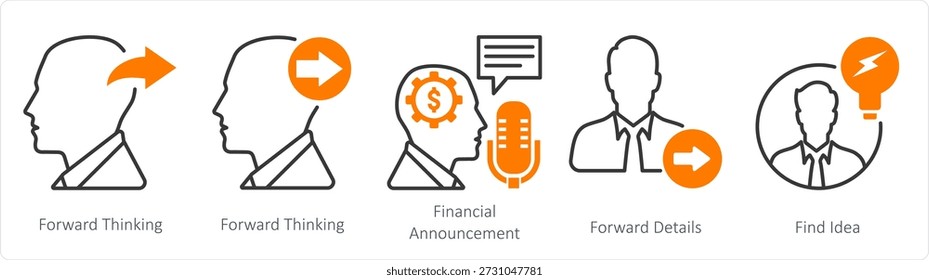 A set of 5 mix icons as forward thnking, financial announcement, forward details