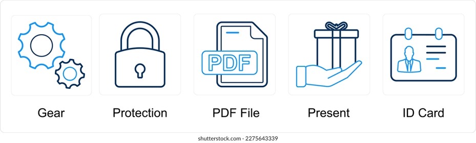 A set of 5 mix icons as gear, protection, pdf file