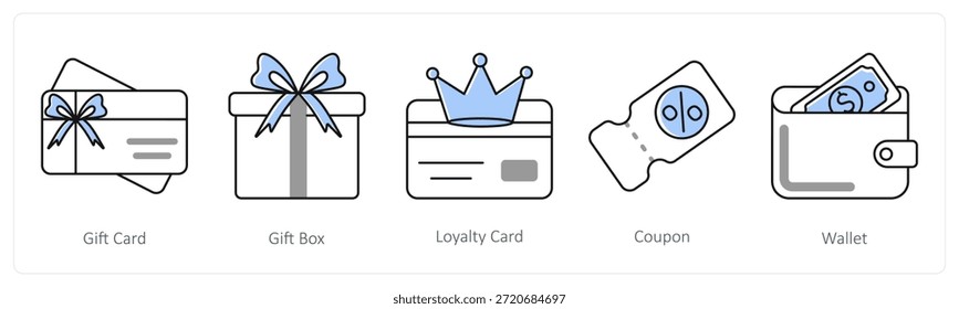 Un conjunto de 5 iconos de la mezcla como Tarjeta de regalo, caja de regalo, tarjeta de la lealtad en color gris