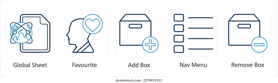 A set of 5 mix icons as global sheet, favorite, add box