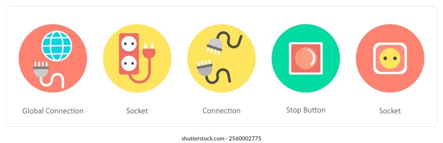 A set of 5 mix icons as global connection, socket, connection