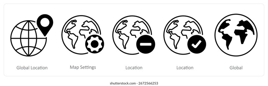 Um conjunto de 5 ícones mistos como local global, configurações de mapa, local