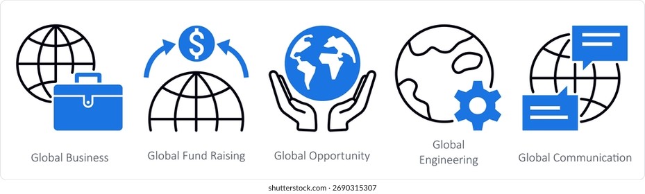 Eine Reihe von 5 Mix-Symbolen für globales Geschäft, globale Mittelbeschaffung, globale Geschäftschancen