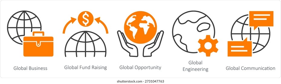 A set of 5 mix icons as global business, global fundraising, global opportunity
