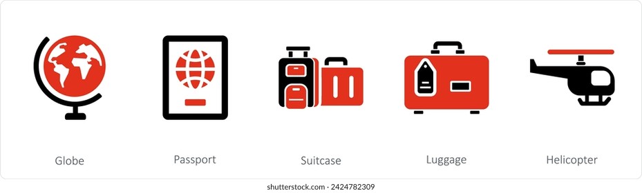 A set of 5 mix icons as globe, passport, suitcase