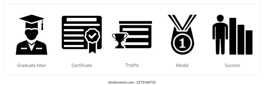 A set of 5 mix icons as graduate man, certificate, trophy