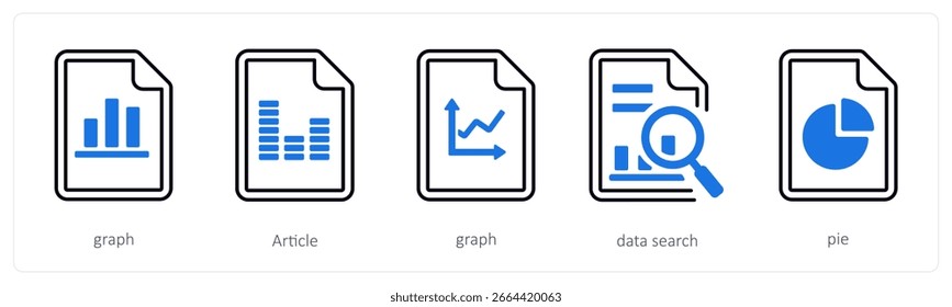 Um conjunto de 5 ícones mistos como gráfico, artigo, pesquisa de dados