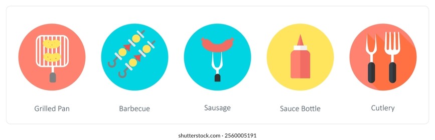 A set of 5 mix icons as grilled pan, barbecue, sausage