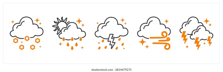 A set of 5 mix icons as hail, downpour, thunderstorm in red color