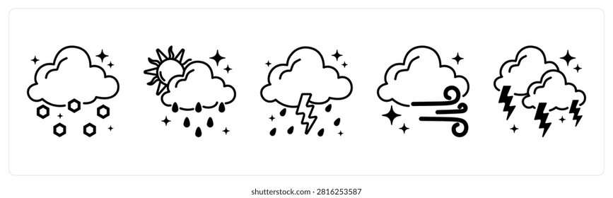 A set of 5 mix icons as hail, downpour, thunderstorm in red color