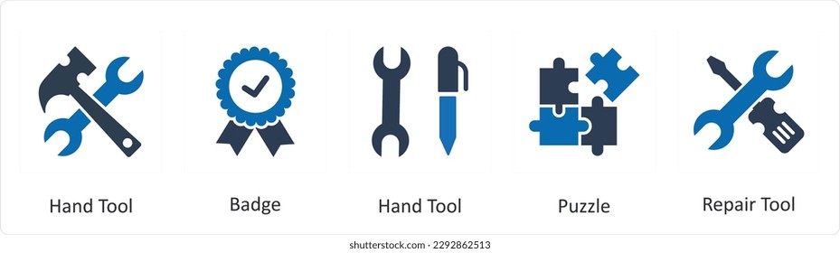 A set of 5 Mix icons as hand tool, badge, puzzle